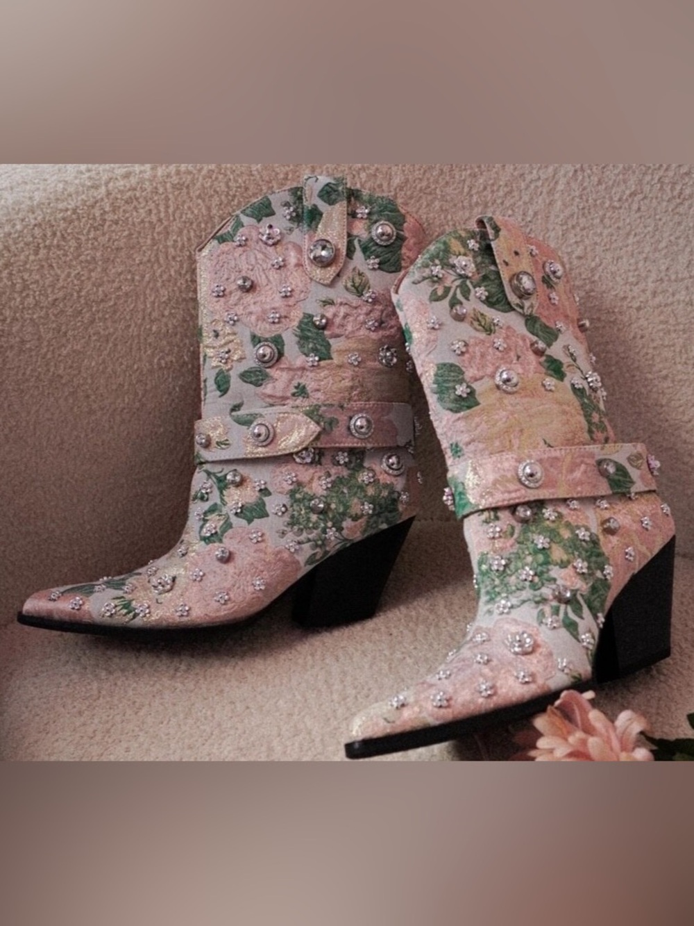 AZALEA WANG Womens Diligent Pink Floral Rhinestones Cowboy Western Boots 7.5 NEW